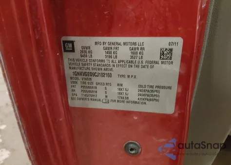 2012 Chevrolet Traverse 1Lt из США, поврежденный, VIN 1GNKVGED9CJ102160